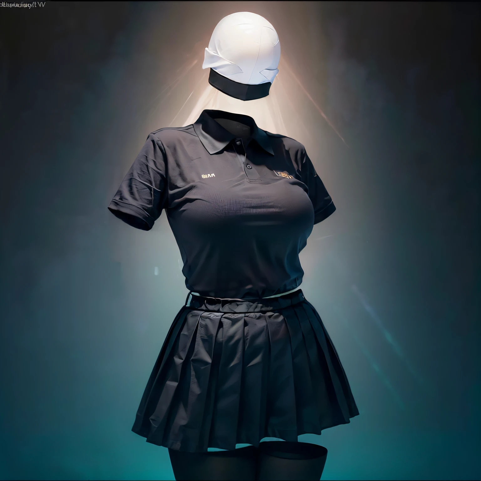 (invisible, no humans, headless, handless, faceless:1.5), leaning forward, school skirt, black tights, fat, chubby, cute big breast, school polo shirt, (8k, RAW photo, best quality, masterpiece:1.2), (realistic, photo-realistic:1.37), photon mapping, radiosity, ((Hasselblad photography)), physically-based rendering