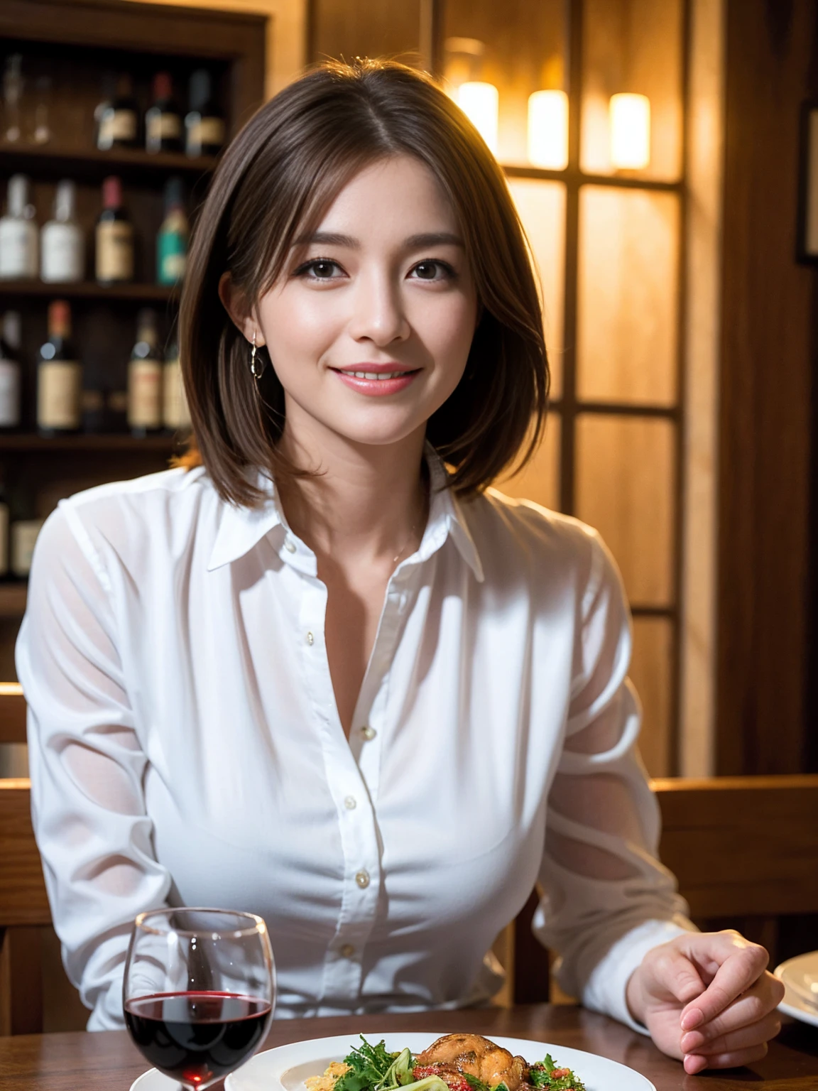 ((Highest quality、8K、masterpiece:1.3))、slimカップル、Pink Lover、modelカップル、(Realistic, Intricate details:1.2), full-course dinner、Wine Party、Amazing view of the sunset sky and clouds、A bright smile、The wonderfulness of smile、Bright image、The beauty of wine, Beautiful Face, blue eyes, The light shines on your face, Blushing, short hair,Bright Face、 (Age 37), 39 years old, red wine 、Appetizers、Italian food、Wine bottle、Champagne、sparkling wine、Two beauties、Brown Hair、Shortcuts、Long sleeve shirt、dress、Beautiful woman 1, (slimな顔), (The body is slim), (Brown Hair), (Shortcuts), cheeks turn a little red,Attractive beauty、restaurant, In a prominent place (From the waist up) Nova Frog Style, actress, model, Upper Body, White wine, slim, wine glass, 中央に置かれたwine glass, smile, (smile: 1.15), Beautiful fine grain, Depth f/2,saturation, High Contrast, Strong light and shadow,Moist Body:1.5、3D texture、Delicate eyes、Brown Hair、The hair is very shiny、