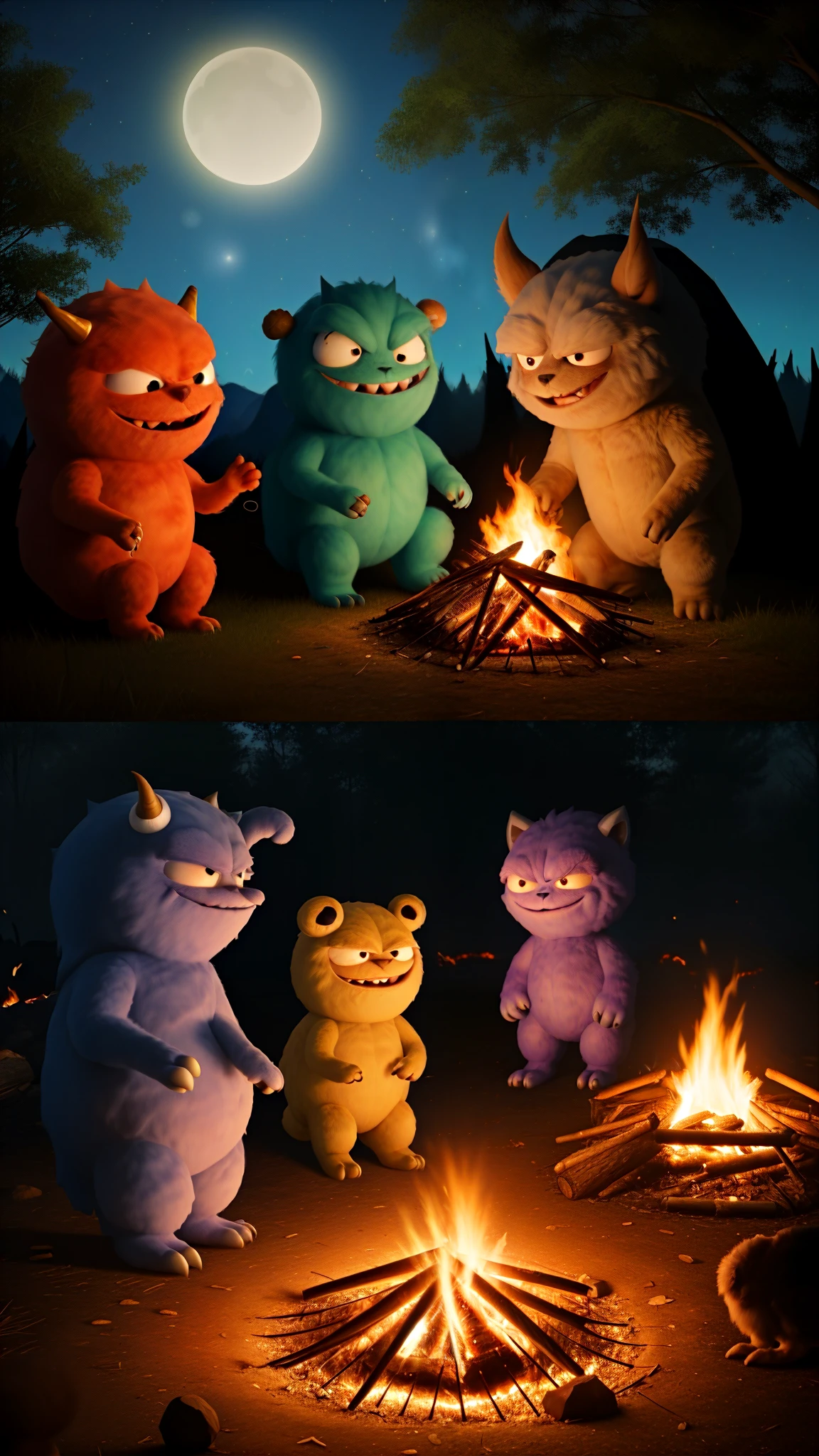 friendly, fuzzy monsters gathered around a campfire