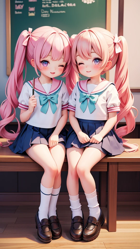 ((dolly, 2girls)), (petite kawaii, bishojo), (bragging face), (one eye closed), ((masterpiece)), (best quality), (ultra detailed), ((highres)), (exquisite), (depth), (high standard), (beautiful and aesthetic), (super detailed skin), (perfect anatomy), (full body), (blush), (short sleeve, serafuku), (socks), (big bow in hair), (lipstick), (class room), (short twintails)