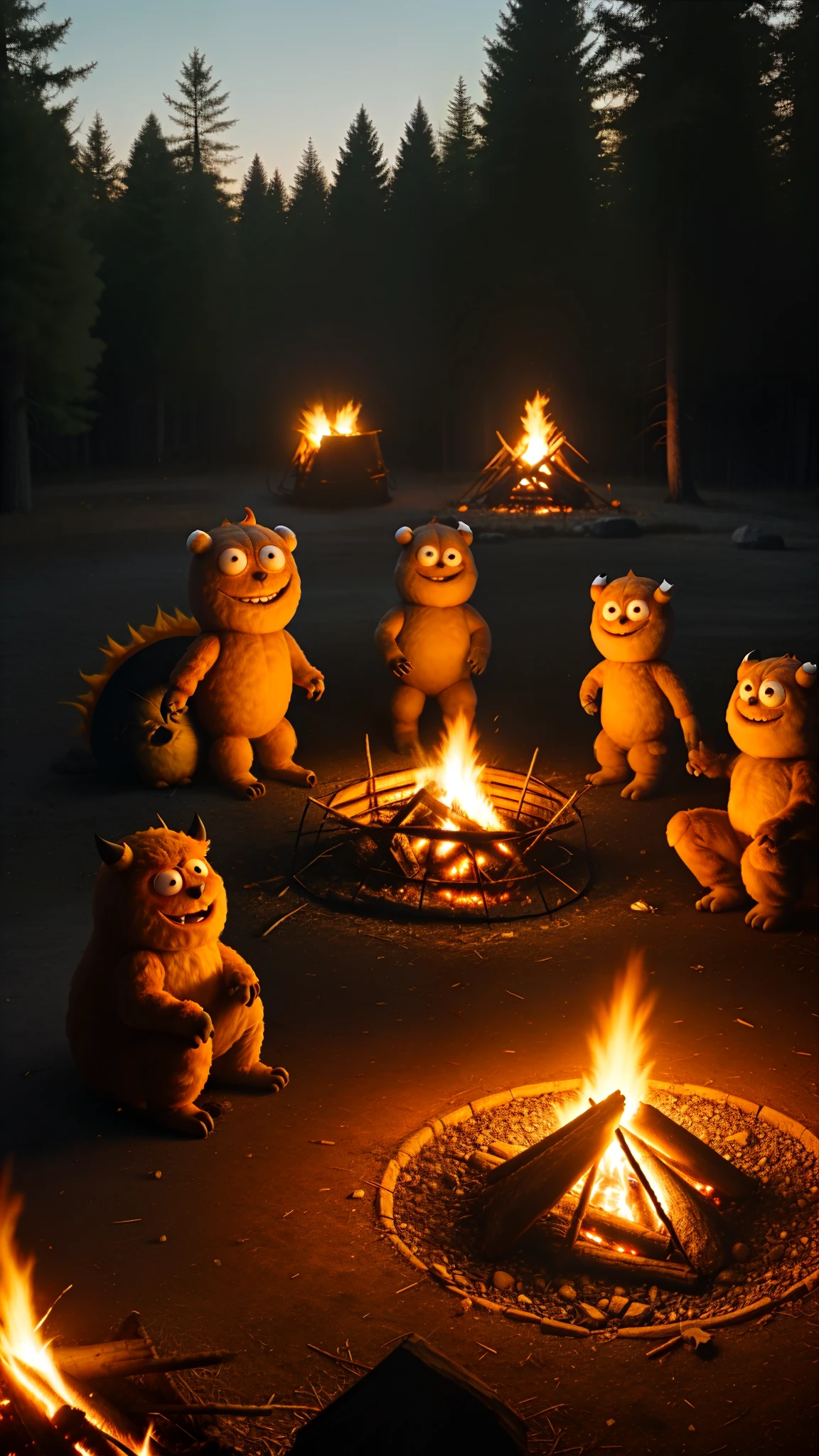 friendly, fuzzy monsters gathered around a campfire