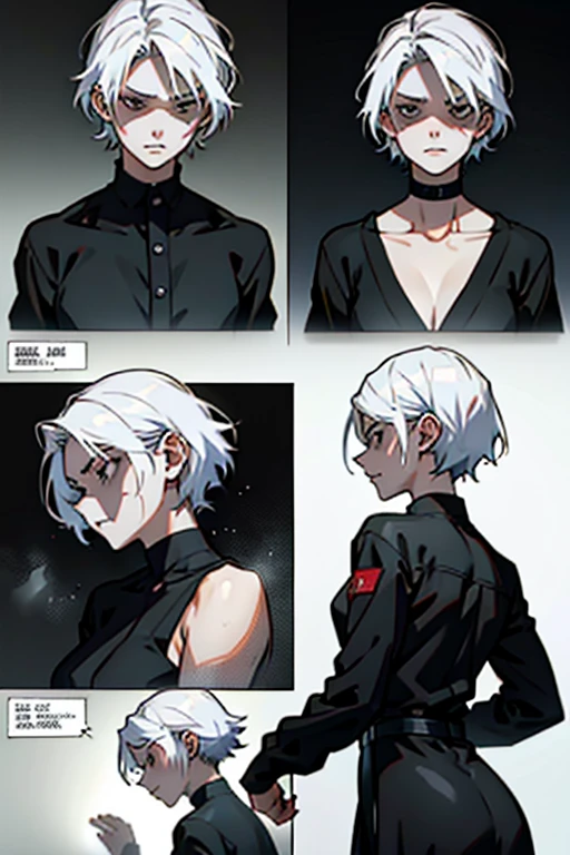 Girl with short white hair small and really skinny, feeling extremely sick, detailed illness, coughing blood, fainting , throwing up, bloody, wearing long black dress, running, manga page with panels and dialogue    