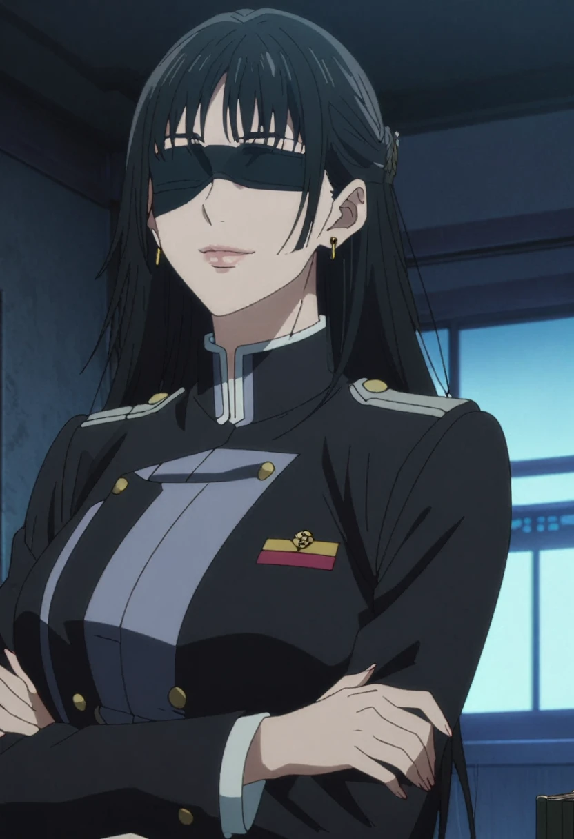 1girl, female gojo satoru, anime screencap from jujutsu kaisen, gojo satoru female version, solo, long_hair, ((black blindfold)) ((Sliver_hair)), night view, (hanging breasts) upper_body, smile, indoors, book,lips, (parted bangs) ((wearing black colour uniform with button)) breast, "very detailed and high resolution" (Black blindfold) (cross arms) ((long hair)) ((solo)) (front view) (earings) ((high resolution)) ((good quality)) ((side bangs))