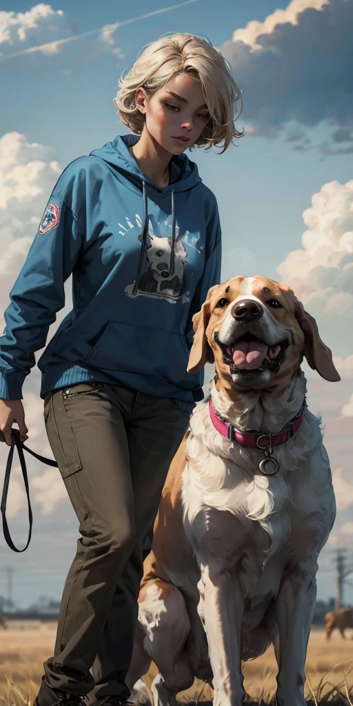 One girl wolking a dog