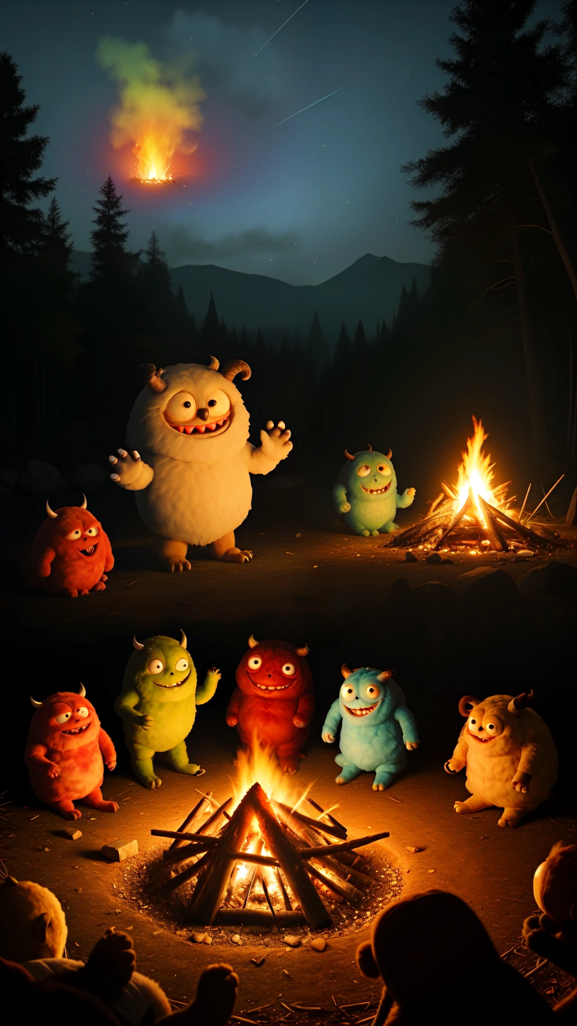 friendly, fuzzy monsters gathered around a campfire