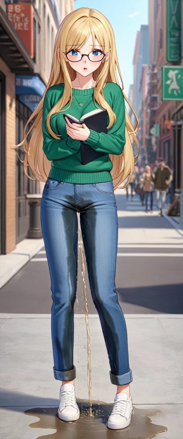 ((best quality, masterpiece:1.3, 8K)), (detailed), highly detailed face and skin texture, detailed eyes, downtown, full body, slender body, 1girl, 25 years old, white skin, blue eyes, bright lips, worried, embarrassed, blond hair, straight hair, long hair, (forehead:0.8), blue eyes, reading glasses, green sweater, jeans pants, skinny jeans, blue jeans, white sneakers, peeing jeans, peeing pants, pee stain, (wetting herself:1.5), desperation,