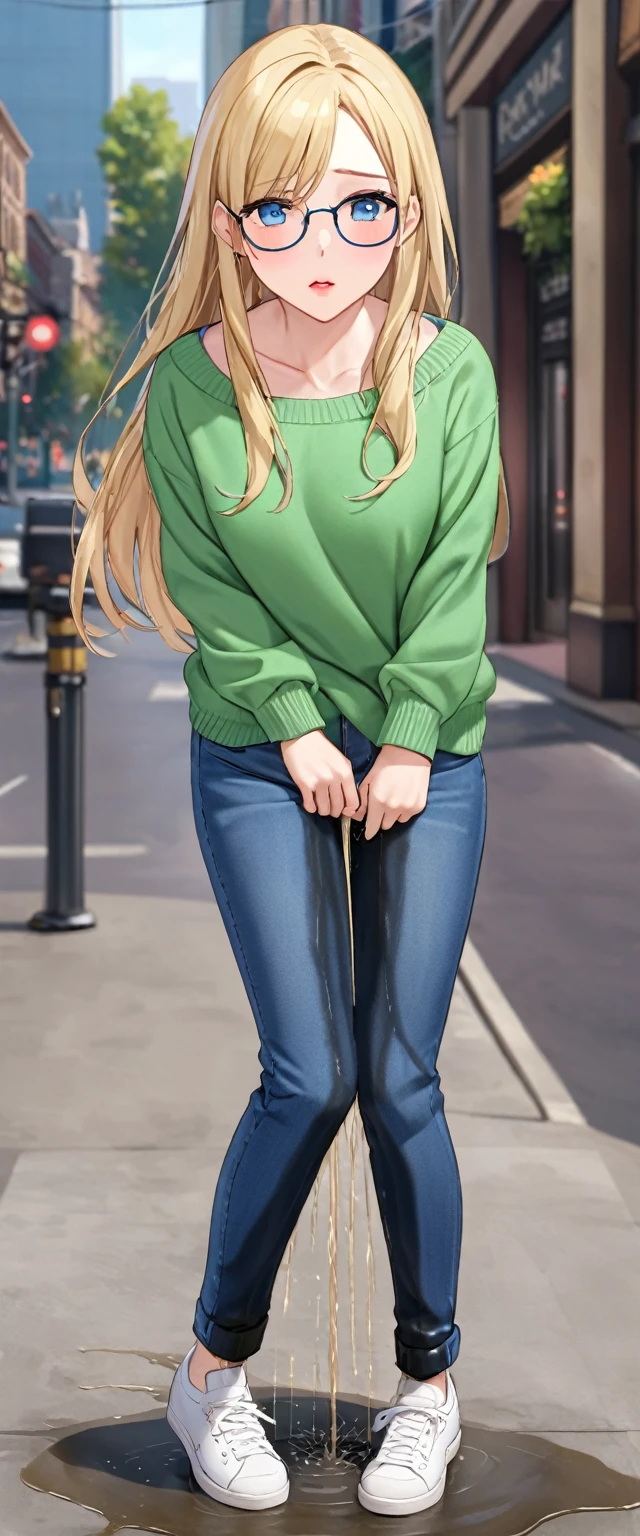 ((best quality, masterpiece:1.3, 8K)), (detailed), highly detailed face and skin texture, detailed eyes, downtown, full body, slender body, 1girl, 25 years old, white skin, blue eyes, bright lips, worried, embarrassed, blond hair, straight hair, long hair, (forehead:0.8), blue eyes, reading glasses, green sweater, jeans pants, skinny jeans, blue jeans, white sneakers, peeing jeans, peeing pants, pee stain, (wetting herself:1.5), desperation,
