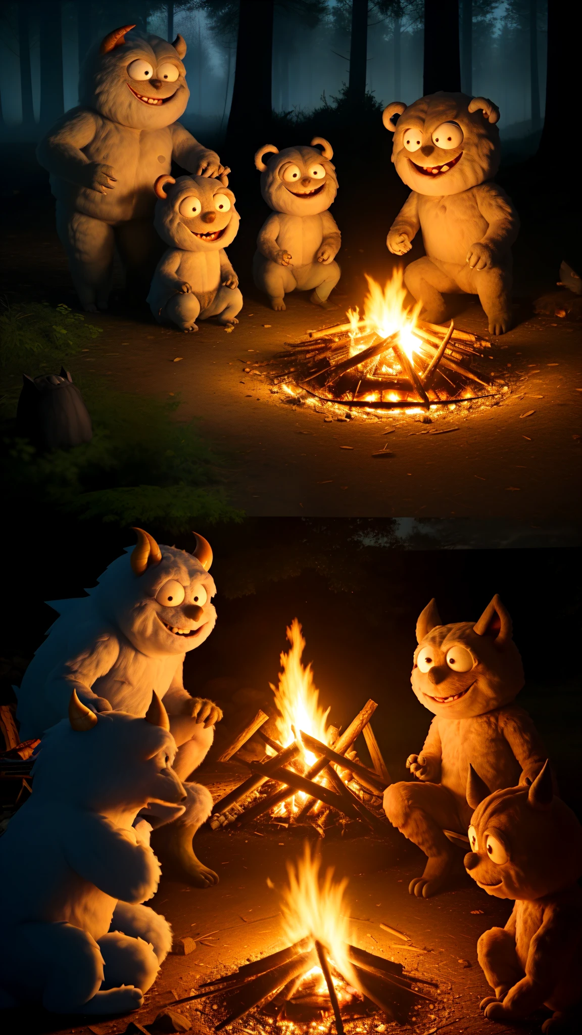 friendly, fuzzy monsters gathered around a campfire