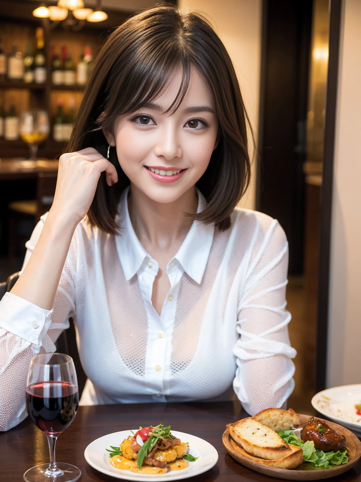 ((Highest quality、8K、masterpiece:1.limカップル、Pink Lover、modelカップル、(Realistic, Intricate details:1.2), full-course dinner、Wine Partying view of the sunset sky and clouds、A bright smile、The wonderfulness of smile、Bright image、The beauty of wine, Beautiful Face, blue eyes, The light shines on your face, Blushing, short hair,Bright Face、 (Age 37), 3rs old, red wine 、Appetizers、Italian food、Wine bottle、Champagne、sparkling wine、Two beauties、Brown Hair、Shortcuts、Long sleeve shirt、dress、Beautiful woman 1, (slimな顔), (The body is slim), (Brown Hair), (Shortcuts), cheeks turn a little red,Attractive beauty、restaurant, In a prominent place (From the waist up) Nova Frog Style, actress, model, Upper Body, White wine, slim, wine glass, 中央に置かれたwine glass, smile, (smile: 1.15), Beautiful fine grain, Depth f/2,saturation, High Contrast, Strong light and shadow,Moist Body:1.5、3D texture、Delicate eyes、Brown Hair、The hair is very shiny、