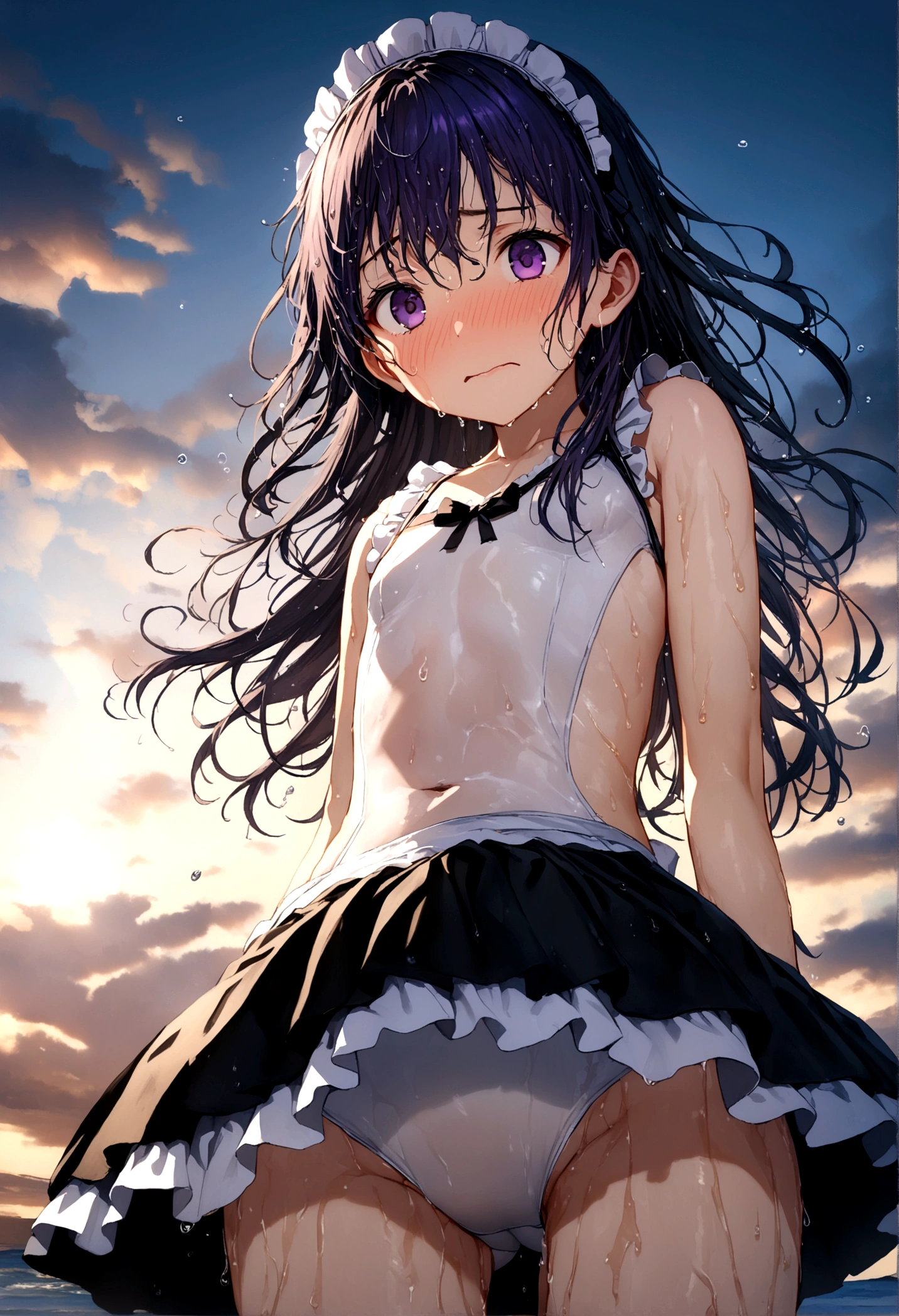 ((32k)), ((best quality)), ((ultra high res)), ((HDR)), ((UHD)), ((extremely detailed CG)), ((unity 32k wallpaper)), ((())), ((multicolored hair)), purple eyes, (((White competitive swimsuit))), (beach background), ((((embarrassed)))), (((wet body))), (((wet hair))), ((peer in from below)), (((cowboy shot))), (maid), (Maid clothes), (maid apron),