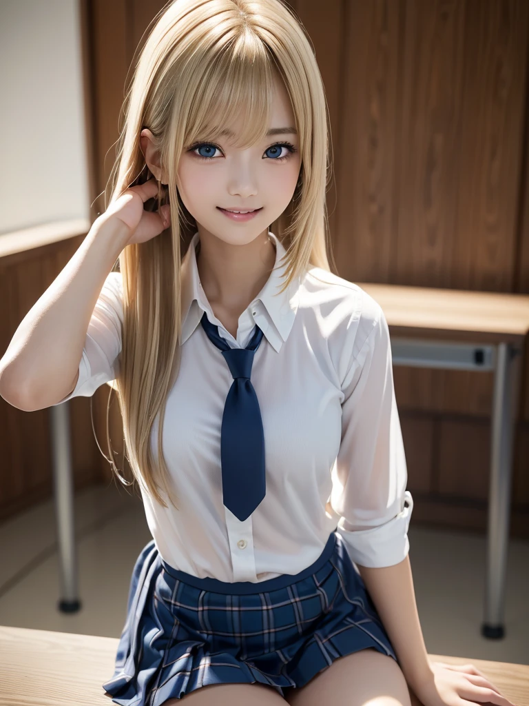 8K, Highest quality, The real picture, Intricate details, Very detailed, Ultra-high resolution, Depth Field,(Realistic,Realistic:1.2),Tabletop , ((Full Body Shot)) , ((Long, slender legs)), 1 girl, eye_Chan, Very beautiful 17 year old girl, innocent big eyes,、Beautiful breasts:1.5、非常に詳細なeye:1.2)、(Beautiful breasts:1.1)、((Blonde))、(Long Bob Hair), Asymmetrical bangs, Perfect Skin, Fair skin, Small breasts, Tight waist, alone, Staring at the audience, (smile)、((School_uniform), (White shirt、Wear a tie), (Blue checkered pleated micro mini skirt), ((Fold your arms in front of your chest and act arrogantly)), ((楽しそうなsmile)), ((Perfect hand shape))