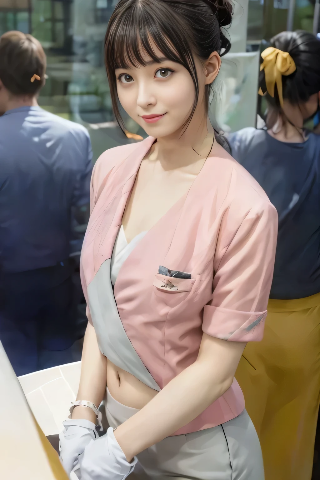 Showing your belly button、(masterpiece:1.2, Highest quality:1.2), 32k HDR, High resolution, (alone、1 girl)、 (Height: 160cm)、（On the rooftop of a building in the daytime、Professional Lighting）、Building rooftop background、（Nankai train crew uniform pinkを着たリアルスタイル）、（Nankai train crew uniform pink short sleeve collarless pink jacket、Nankai Train Crew Uniform Pink Collarless Short Sleeve Blouse、Nankai Train Crew Uniform Pink Grey Knee-length Culottes）、（The pink jacket is showing from the culottes.）、Dark brown hair、（Hair tied up、Hair tied up、Evening curly hairstyle）、Dark brown hair、Long Shot、Big Breasts、Thin legs、（（Great hands：2.0）），（（Harmonious body proportions：1.5）），（（Normal limbs：2.0）），（（Normal finger：2.0）），（（Delicate eyes：2.0）），（（Normal eyes：2.0））)、smile、（Nankai Train Crew Uniform Pink Grey Knee-length Culottesを見せた美しい歩く姿）、Place your hands around your stomach