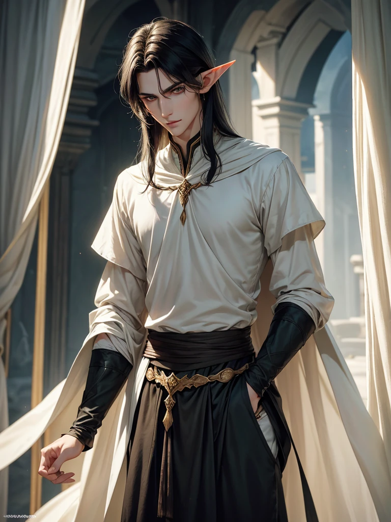 (best quality), 1boy, pale skin, black hair, medium hair, curtain hair, tousled hair, green eyes, perfect eyes, dark circles under eyes, tall, slender, handsome, strong jawline, lazy, light smile, attractive, (elf), pointed ears, fantasy clothes, masterpiece, anatomically correct, highres