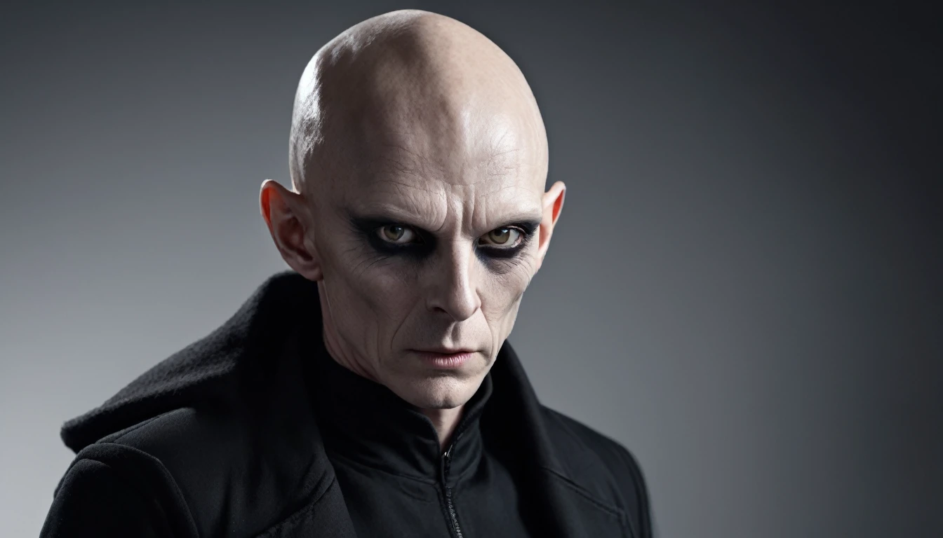 Image of a hairless man with white eyes dressed in black clothing with a horror scene,  PICTURE REALISTIC, high resolution, 8K 