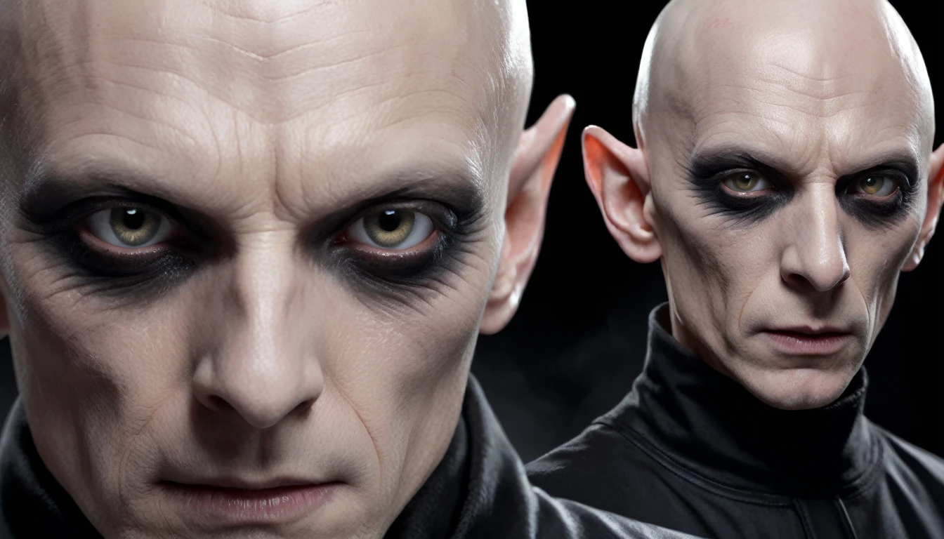 Image of a hairless man with white eyes dressed in black clothing with a horror scene,  PICTURE REALISTIC, high resolution, 8K 