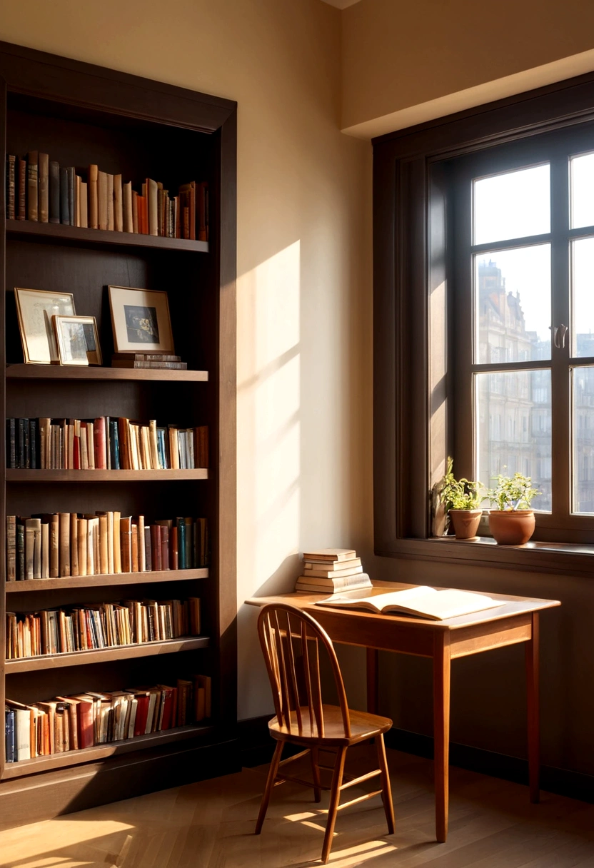 A photo frame , a window , a book shelf filled with books and a table in front 