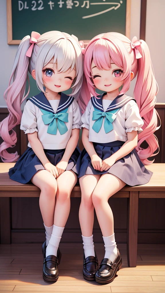 ((dolly, 2girls)), (petite kawaii, bishojo), (bragging face), (one eye closed), ((masterpiece)), (best quality), (ultra detailed), ((highres)), (exquisite), (depth), (high standard), (beautiful and aesthetic), (super detailed skin), (perfect anatomy), (full body), (blush), (short sleeve, serafuku), (socks), (big bow in hair), (lipstick), (class room), (short twintails)