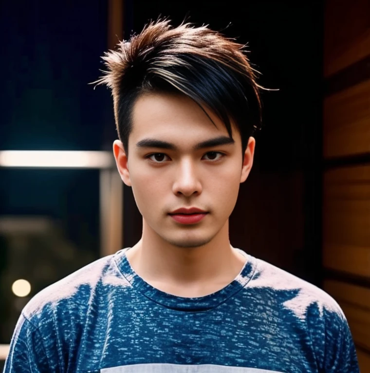 Haraf man looking at camera, perfect has a round face, A well-maintained model., Close-up photo, Southeast Asian man with a round face, 3-D profile picture, 8K, 45,000,000 pixcls, realistic light colors, beautiful young asian man, Asian man, charming anime, Comfortable pose, Anime Asian man in real life, attractive handsome man, young Asian man, Russian mixed with Japanese, perfect body, Freestyle photo of a handsome young man, ผู้Asian manที่สวยงาม, The character is in her natural pose.,