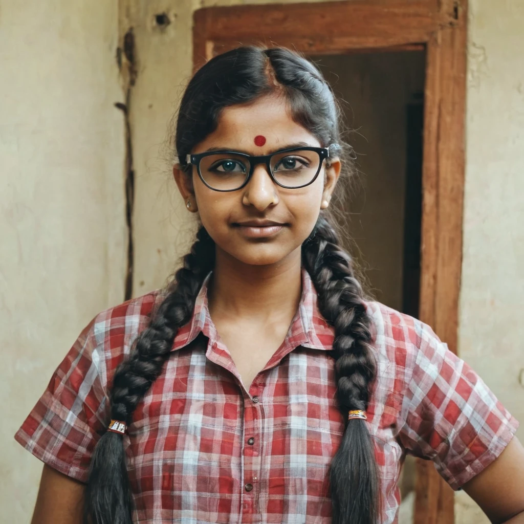 Braided hair Indian glasses nerd girl standing in house