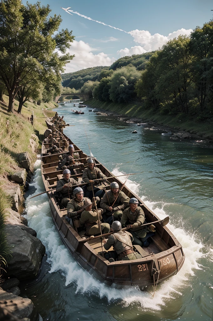 Illustration of a battle for a film about an old war taking place near a river with the participation of archers and spearmen