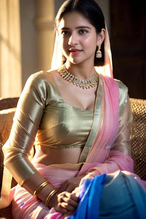 Wear pink elegant transparent saree sitting, gorgeous royal, ((setting on the green sofa)), naughty smile, one eye open, ((reading book)), concentration in books,((book in one hand)), ((in the living room)), near the balcony, (((Katrina kaif:1.2))), portrait of a beautiful Indian woman, From Golden Skin, 27 years old, Pretty woman, Indian model,  (in pink elegant transparent saree:1.5),((wearing see through saree:1.3)), (elegant saree:1.3),(((transparent micro saree))), ((long hair)) (Slim abdomen), (Perfect slim figure), Solo, (Slim:1.1), 1 woman, Indian clothes,(( long sleeve dress)),((saree with open pallu)), thick lips, skindentation, parted lips, ulzzang-6500-v1.1, medium hair, smile, closed mouth, lips, saree covered with full body, detailed beautiful round eyes, Indian women, Asian women, Beautiful face, photorealistic, rim lighting, two-tone lighting, gold bracelet, thick lips, indentation, parted lips, (detailed eyes), light blonde hair, blue eye, details still clear, honey-coloured, fluffy turned, HDR, shallow depth of field, broad light, backlighting, bloom, light sparkles, chromatic aberration, sharp focus, (photorealistic:1.2), (realistic:1.5), (hyperrealistic:1.2), (light blonde hair), (blue eyes), ((big cheeks)), (medium breast:1.2), (detailed bright eyes:1.5), (smiling:1.3), (detailed long black hair), (thigh: 1.5), (realistic human skin:1.6), (full curvy body) (detailed eyes), (detailed facial features), (detailed clothes features), (necklace), (earrings), (bracelet), jewellery, gem, necklace, gold bracelet, anklets,(Photorealistic:1.4), (High Quality: 1.2), Raw photo, (Perfect body shape), Deep shadows, Unobtrusive, Cold light 12000K, Nikon Z 85mm, unparalleled masterpiece, ultra-realistic 8k photos, best quality masterpiece,