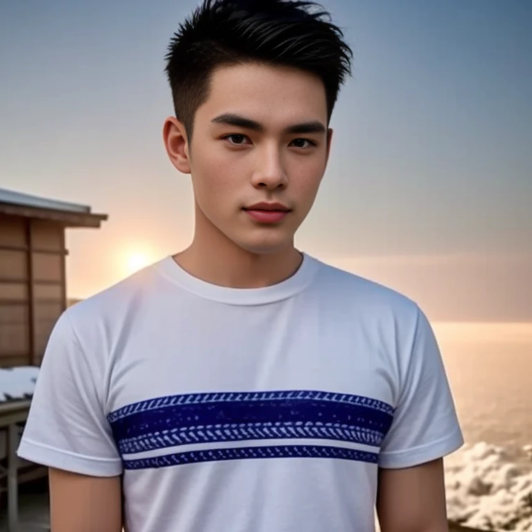 Haraf man looking at camera, perfect has a round face, A well-maintained model., Close-up photo, Southeast Asian man with a round face, 3-D profile picture, 8K, 45,000,000 pixcls, realistic light colors, beautiful young asian man, Asian man, charming anime, Comfortable pose, Anime Asian man in real life, attractive handsome man, young Asian man, Russian mixed with Japanese, perfect body, Freestyle photo of a handsome young man, ผู้Asian manที่สวยงาม, The character is in her natural pose.,