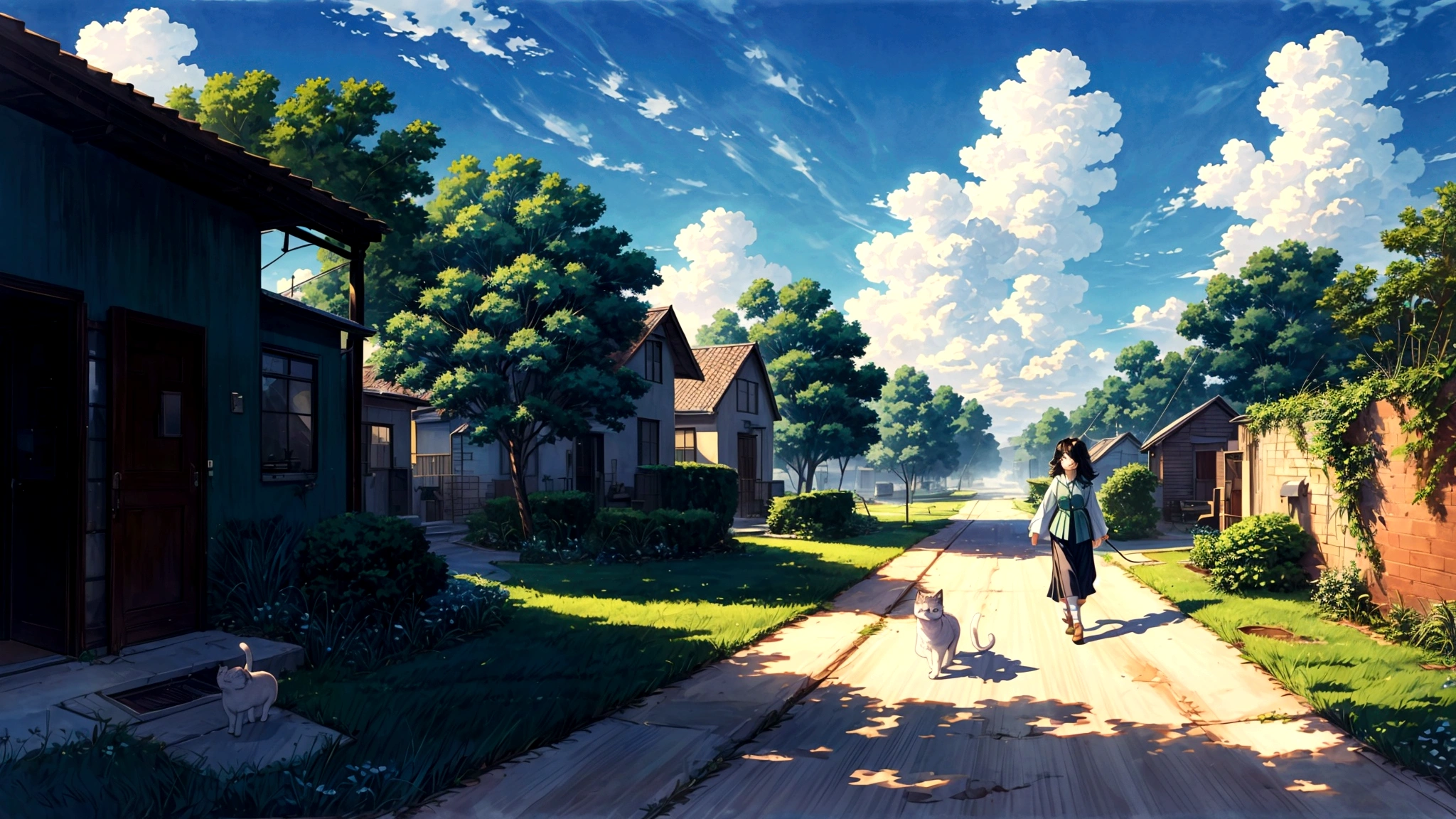 The sky is blue and the clouds float around.,green field,middle stream,Walking Directions,Cat running in the hallway,persian cat