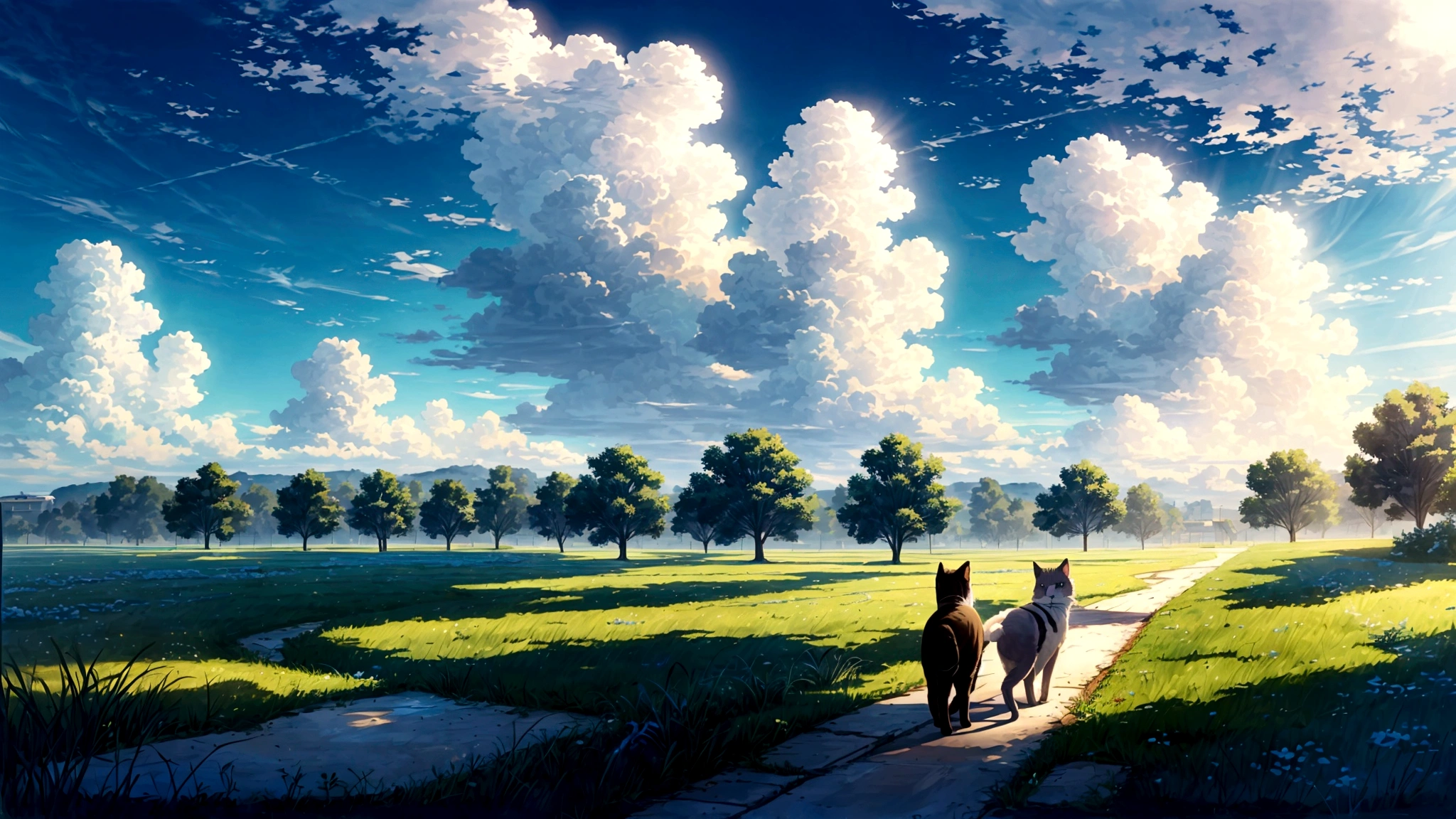The sky is blue and the clouds float around.,green field,middle stream,Walking Directions,Cat running in the hallway,persian cat