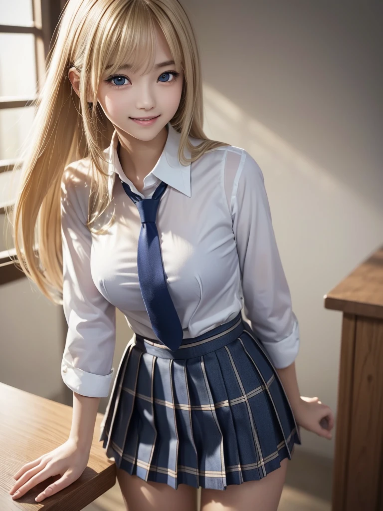 8K, Highest quality, The real picture, Intricate details, Very detailed, Ultra-high resolution, Depth Field,(Realistic,Realistic:1.2),Tabletop , ((Full Body Shot)) , ((Long, slender legs)), 1 girl, eye_Chan, Very beautiful 17 year old girl, innocent big eyes,、Beautiful breasts:1.5、非常に詳細なeye:1.2)、(Beautiful breasts:1.1)、((Blonde))、(Long Bob Hair), Asymmetrical bangs, Perfect Skin, Fair skin, Small breasts, Tight waist, alone, Staring at the audience, (smile)、((School_uniform), (White shirt、Wear a tie), (Blue checkered pleated micro mini skirt), ((Fold your arms in front of your chest and act arrogantly)), ((楽しそうなsmile)), ((Perfect hand shape))