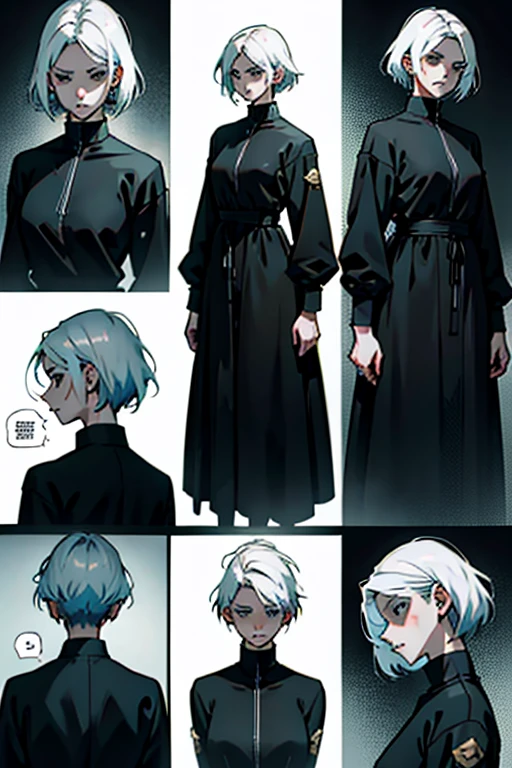 Girl with short white hair small and really skinny, feeling extremely sick, detailed illness, coughing blood, fainting , throwing up, bloody, wearing long black dress, running, manga page with panels and dialogue    