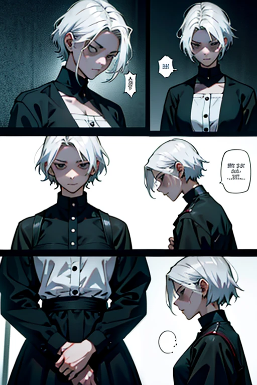 Girl with short white hair small and really skinny, feeling extremely sick, detailed illness, coughing blood, fainting , throwing up, bloody, wearing long black dress, running, manga page with panels and dialogue