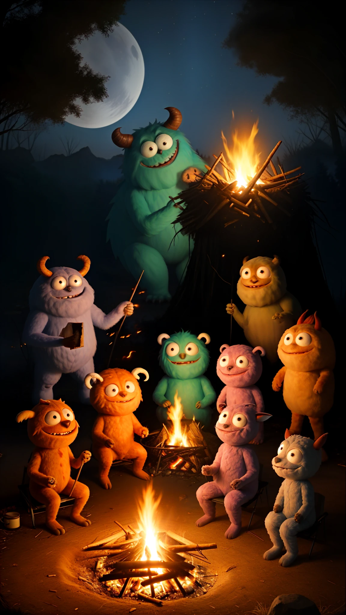friendly, fuzzy monsters gathered around a campfire