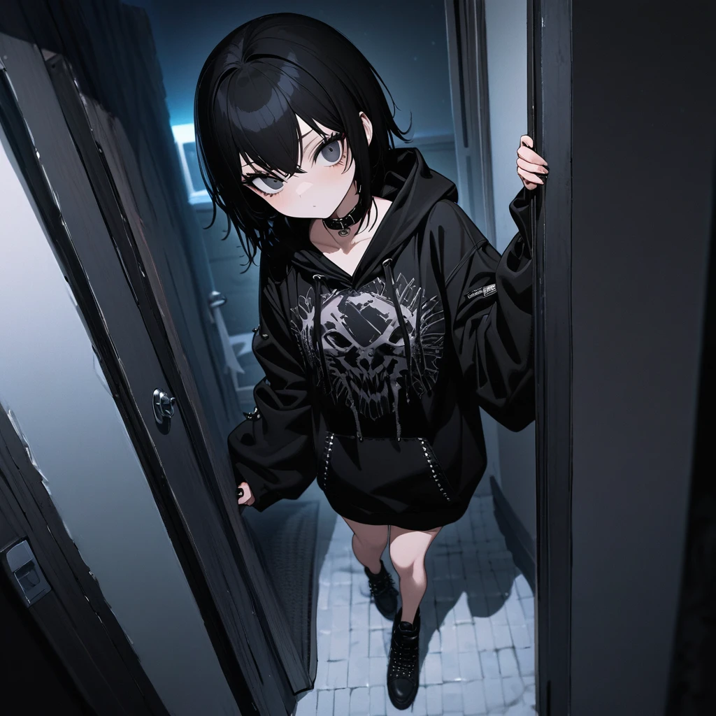 best quality, super fine, detailed eyes, 16k, incredibly absurdres, extremely detailed, emo highschool girl opening the door of her private room to invite you, looking at camera, emotionless expression, punk fashion, long black hair, dark deep eyes, black collar, weird long-sleeves oversized hoodie, full body, dim lights, (magnificent view:1.1) 