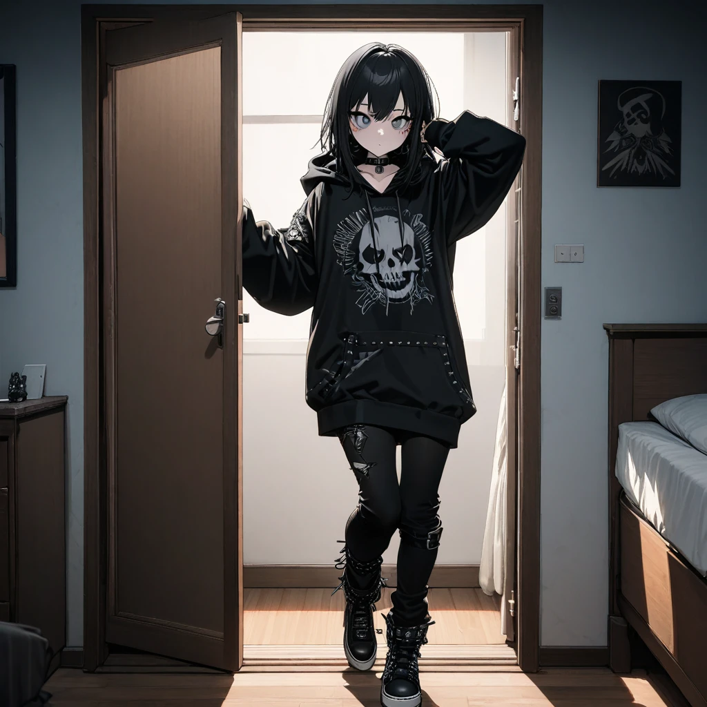 best quality, super fine, detailed eyes, 16k, incredibly absurdres, extremely detailed, emo highschool girl opening the door of her private room to invite you, looking at camera, emotionless expression, punk fashion, long black hair, dark deep eyes, black collar, weird long-sleeves oversized hoodie, full body, dim lights, (magnificent view:1.1)