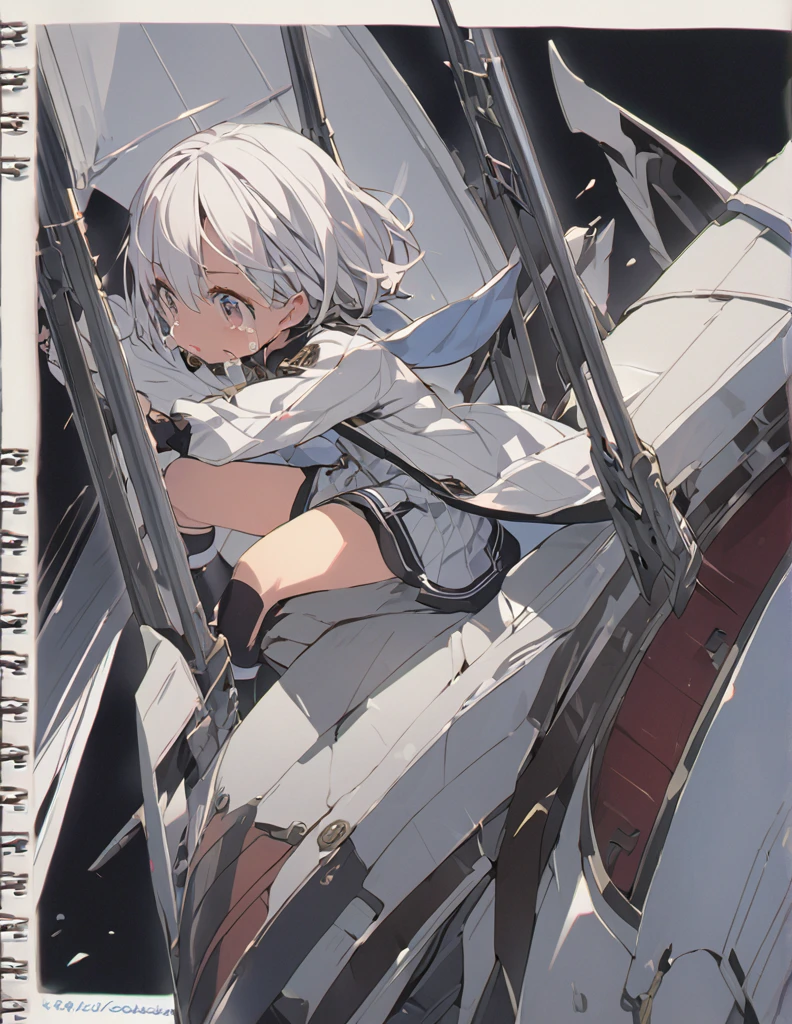 A girl with short white hair crying in the cockpit of a giant weapon
