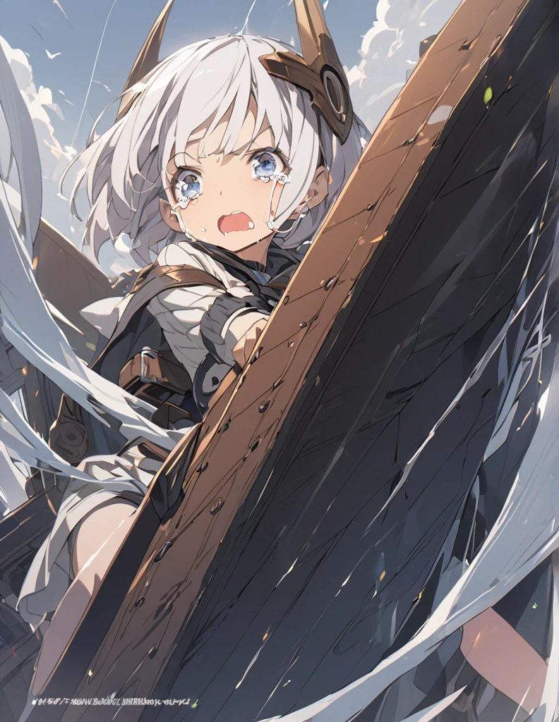 A girl with short white hair crying in the cockpit of a giant weapon