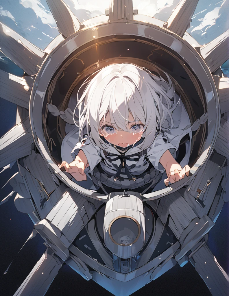A girl with short white hair crying in the cockpit of a giant weapon