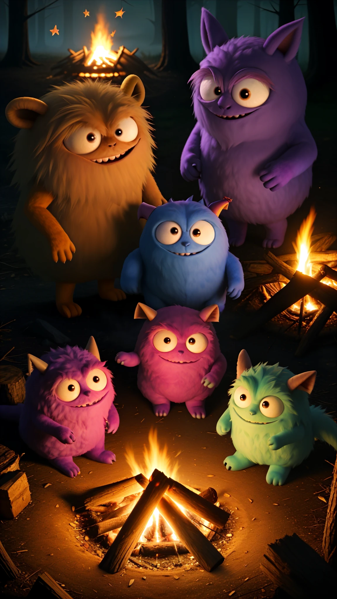 friendly, fuzzy monsters gathered around a campfire