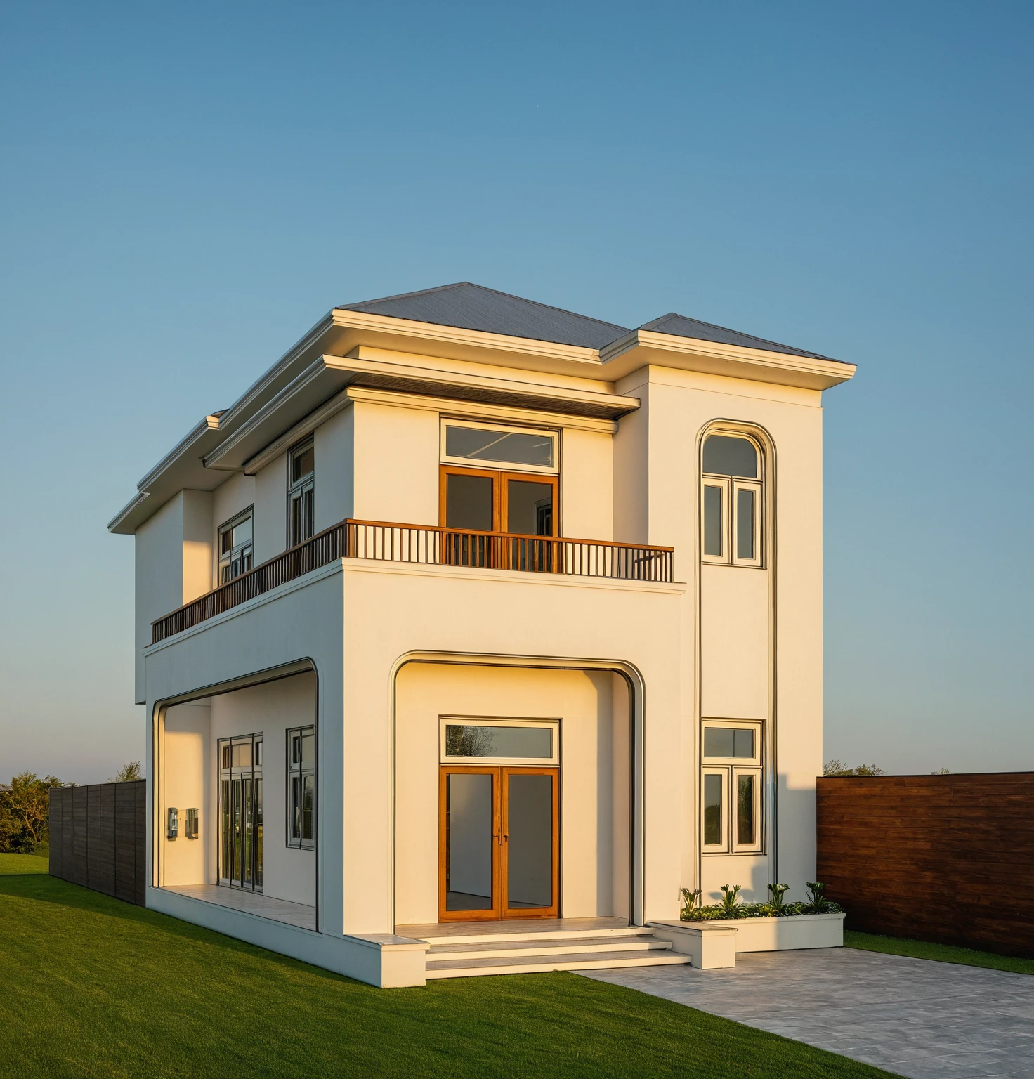 head of'artwork, High quality, best quality, authentique, great detail, En plein air, villa de plain-piedXL, credit group, style de maison moderne dans la rue ,stairs, white wall ,road,pavement, grass, trees, sky, nuvens, (day light:1.1)