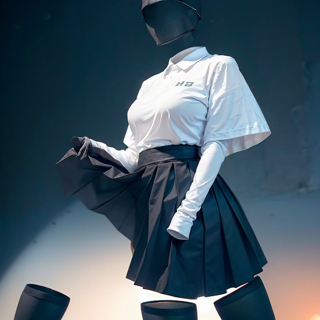 (invisible, no humans, headless, faceless:1.5), leaning forward, school skirt, black tights, fat, chubby, cute big breast, school polo shirt, (8k, RAW photo, best quality, masterpiece:1.2), (realistic, photo-realistic:1.37), photon mapping, radiosity, ((Hasselblad photography)), physically-based rendering