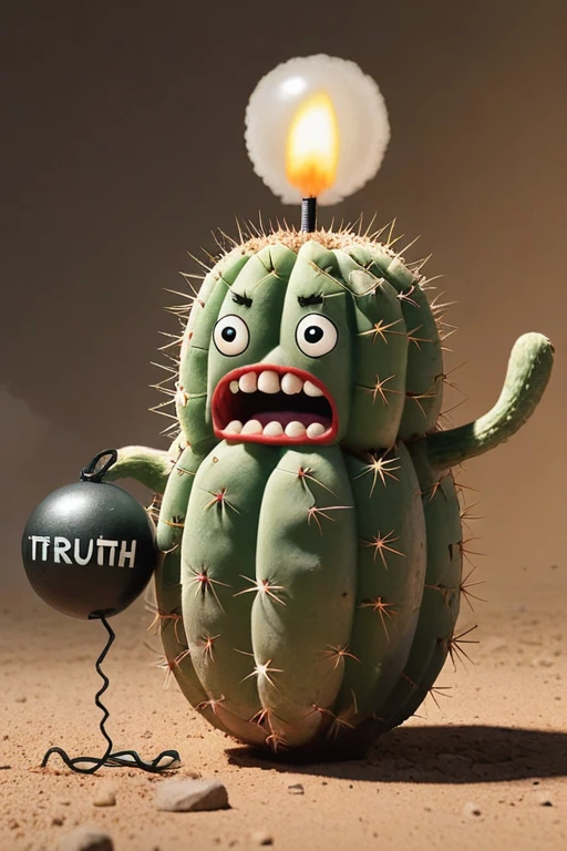 a realistic photo, a talking cactus holding a round bomb that has a wick and looks like a ball, the bomb has the word "Truth Bomb" written on it