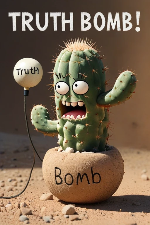 a realistic photo, a talking cactus holding a round bomb that has a wick and looks like a ball, the bomb has the word "Truth Bomb" written on it