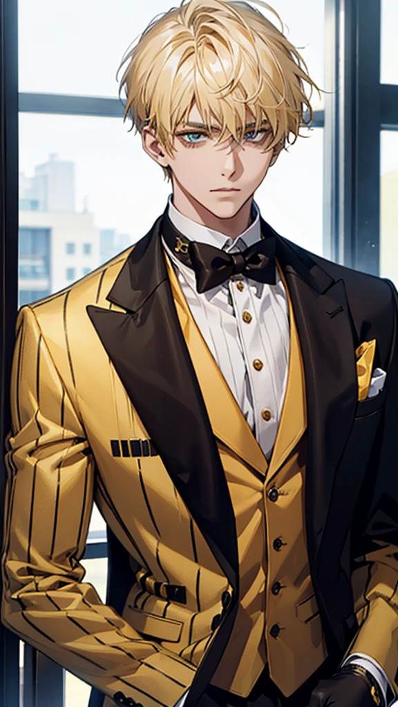 Man, college student, short hair, blonde, gold ear cuff, yellow and black striped suit, upper body