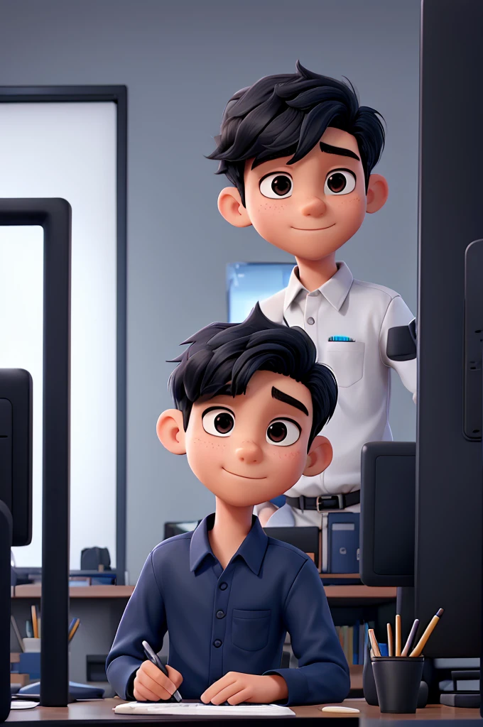 1 boy, black hair, short hair, slanted eyes,dark blue formal shirt,white skin, 18 years old,working on computer, in the office,cinematic footage, darker background,