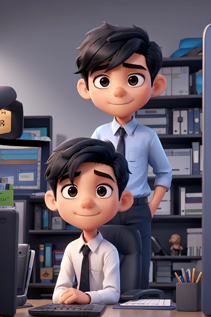 1 boy, black hair, short hair, slanted eyes,dark blue formal shirt,white skin, 18 years old,working on computer, in the office,cinematic footage, darker background,