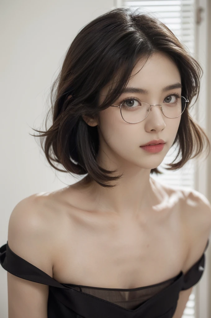 (((best quality))),(((ultra detailed))),(((masterpiece))),illustration,(close-up of face:1.3),((1 beautiful girl,solo)),(shoulder-length straight bob hair:1.2),(confused eyes:1.3),((slim,thin,small breasts,flat chest)),severe myopia,(glasses:1.3),strapless tank top,white wall,dim lighting,gaze,delicate collarbone,smooth skin,intellectual air,vision impairment,contrast,hauntingly beautiful,testament to resilience,(darkness:1.3)