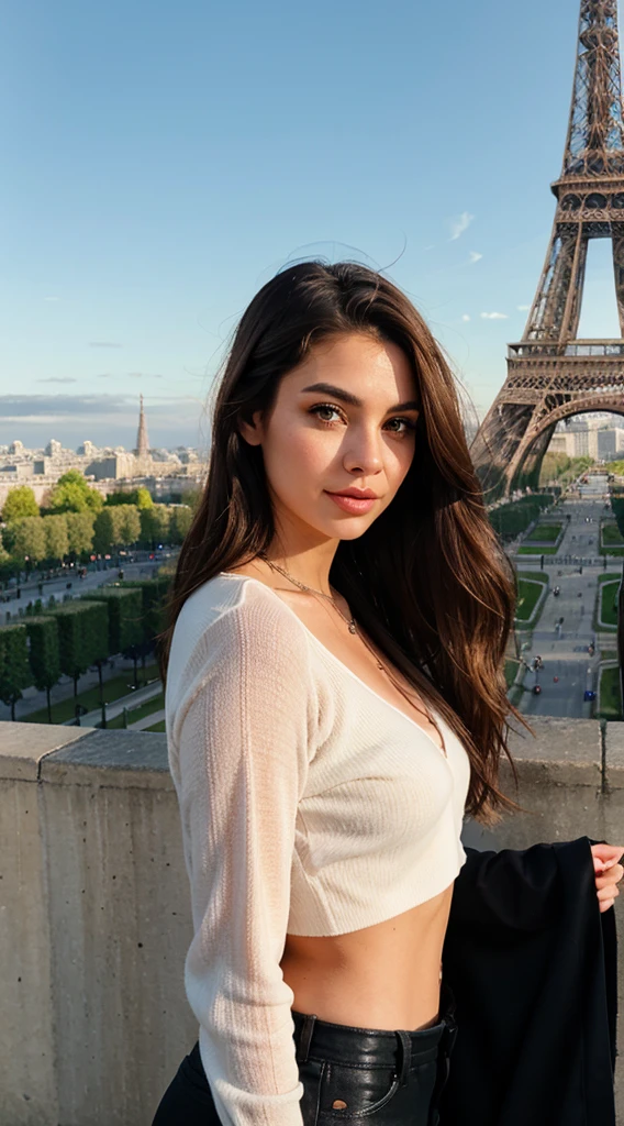 "Conducted a detailed analysis on an image in RAW format entitled 'REST OF THE DIGITAL DREFLEX (kkw-ph1:0.9)' featuring a young woman in her 20s. Describes her physical appearance as long brown hair. ojos, labios, and nariz. Check how the location of the Eiffel Tower in Paris in the background adds context and meaning to the image.