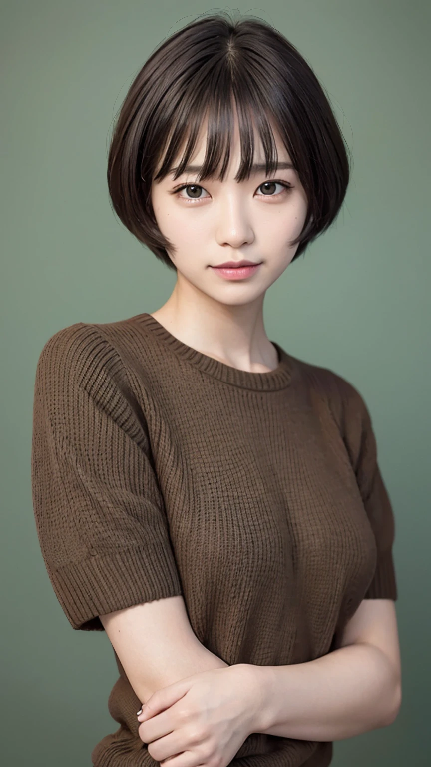 (masterpiece, Best image quality, high quality, High resolution, Realistic:1.2), (Bright lighting, Professional Lighting), (Dark green blank background:1.3), One Woman, Realistic skin, Fine skin, Beautiful Skin, expensive, Muscular body, (Black Hair, Bowl Cut, Eyelash extensions, Beautiful Eyes, black eye, How to draw eyes carefully, Looking at the audience, cute, Embarrassing:1.2), (Lean upper body:1.2), Mortar wall, (Short-sleeved brown sweater:1.3), A kind smile, I can see your teeth, Portrait