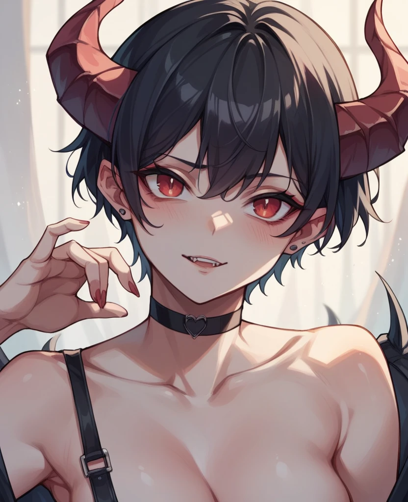 Short Hair、Black Hair、boyish、horn、Devil&#39;s Tail、Cool、Hair covering one eye、naked、Open pussy、Small breasts、Leg spread、Cheeky look、Sticking out tongue、bed、