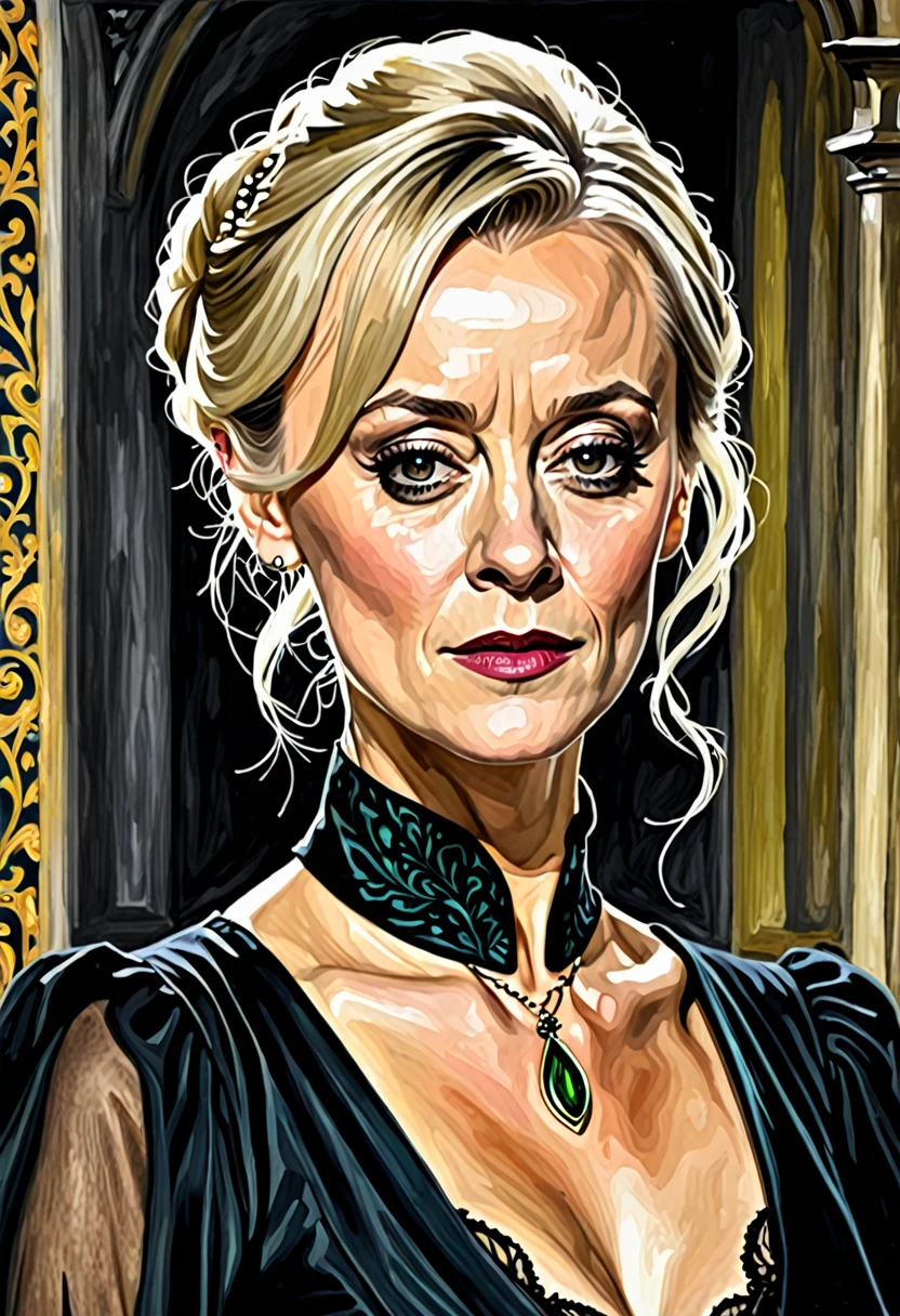 Draw me a helen mccrory narcissa malfoy deathly hallowes version in a painting